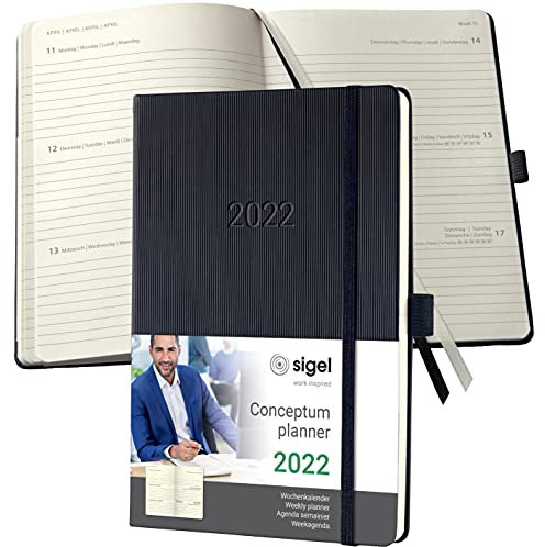 SIGEL C2212 Terminplaner Wochenkalender 2022 - ca. A5 - schwarz - Hardcover - 192 Seiten - Gummiband, Stiftschlaufe, Archivtasche - PEFC-zertifiziert - Conceptum