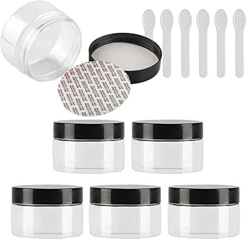 TIANZD 6 Pièces Vides Petit 100 ml Transparent Cosmétique Pot en Plastique avec Couvercle Noir 100 g Pots de Cosmétique Crème de Bouteille Contenant avec 6x Spatules