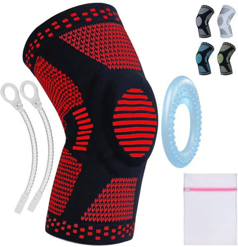 360 RELIEF - Compression Knee Brace with Gel Pads and Side Knee Stabilizers, Joint Support, Comfort, Active Recovery, Running, Workout Protection - Large, Red + Laundry Bag