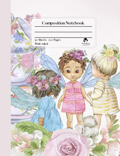 Composition Notebook - Wide Ruled: Legendary, mythical creature, watercolor romantic baby fairies with floral decorations and vintage tea cups.