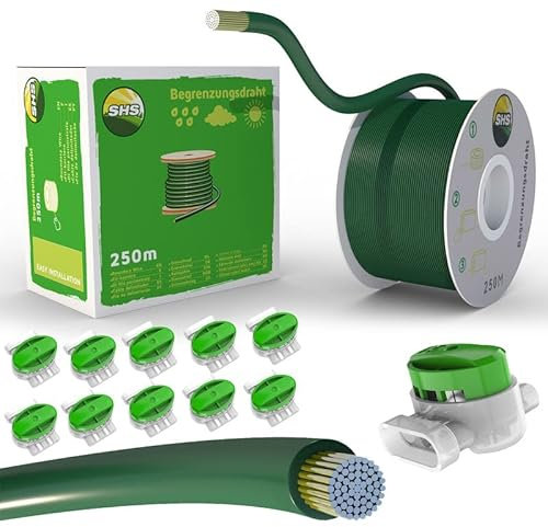 250m Begrenzungskabel + 10 GRÜNE Kabelverbinder für Mähroboter Rasenmäher Rasenroboter Zubehör SET Begrenzungsdraht für Suchkabel - kompatibel mit GARDENA/BOSCH/HUSQVARNA/WORX/HONDA/ROBOMOW