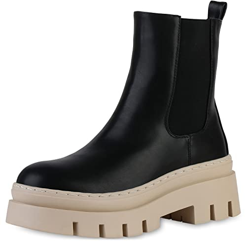 VAN HILL Damen Stiefeletten Plateau Boots mit Blockabsatz Profilsohle