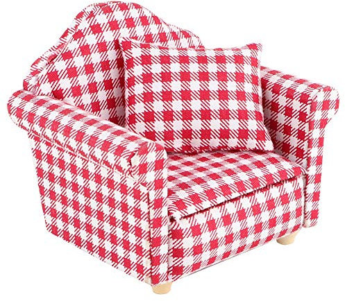 SPYMINNPOO Puppenstuben Sofa, 1:12 Miniatur Einzelsofa Couch Sessel mit Kissen für DIY modernes Puppenhaus Möbelzubehör(Rot) Kinderspielzeug Puppenzubehör