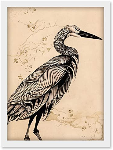 Doppelganger33 LTD Heron Bird Simple Ink Illustration Artwork Framed Wall Art Print A4