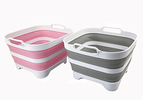 SAMMART 10 l zusammenklappbare Geschirrpfanne mit Abtropfstöpsel – faltbares Waschbecken – tragbare Geschirrwaschwanne – platzsparende Küchenaufbewahrung (Grau+Rosa (2er-Set))