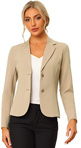 Allegra K Women's Work Office Blazers Stretch Lapel Collar Long Sleeve Jacket Suit Blazer Medium Khaki