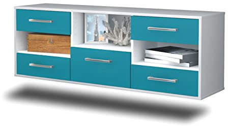 Lqliving TV-Board Lowboard Santa Ana, Wandmontiert, Korpus in Weiss matt, Front im trendigem Türkis (136x47x35cm), mit Metall Griffen, Made in Germany