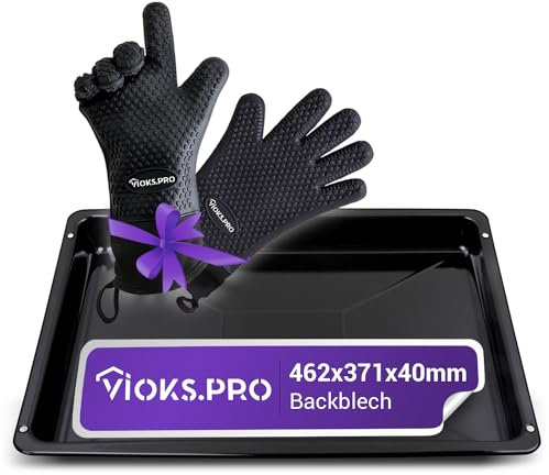 Vioks.pro Herd und Backofen SET 462x371x40mm Ersatz für Beko 219440101 Backblech Tief/Tiefes Backblech Edelstahl/Baking Tray & 2 Silikon Grillhandschuhe Hitzebeständig/Hitzeschutz Handschuh Grill
