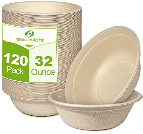 32oz Large Paper Bowls - 120 Pack Heavy Duty, Biodegradable & Microwavable - Eco Friendly Bagasse Bowls for Hot Soup, Milk, Cereals, Snacks & Salads