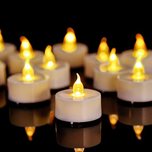 24 Pack Flameless LED Tea Light Candles 200 Hours Realistic Flickering Battery Operated Electric Fake Candles for Halloween Christmas Weding in Warm Yellow