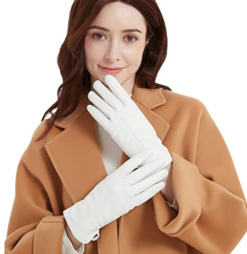 NOVBJECT Lederhandschuhe Winter Damen Touchscreen Lammfell Elegant Kaschmir Gefüttert Warm Outdoor Fahrhandschuhe, Weiß, S