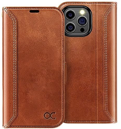 OCASE Retro Hülle für iPhone 15 Pro Handyhülle Tasche PU Leder Flip Cover Brieftasche Etui RFID Schutzhülle Klapphülle Lederhülle Kompatibel für iPhone 15 Pro Braun 6,1 Zoll