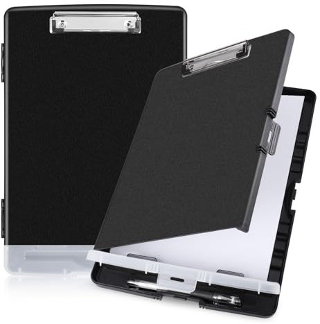 JIANTA Porte-bloc avec Rangement, Prote-loc A4 avec Pince pour Documents, Planchettes à pince Plastique A4 avec Compartiment, Léger Porte Document Noir avec Clip Discret Idéal pour le Travail