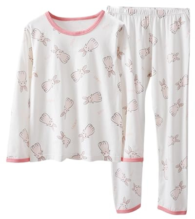 YANWANG Girls Pyjamas Set 100% Cotton Long Sleeve Sleepwear Toddler Kids Nightwear Outfits（Bunny-white，4 T/ 110cm