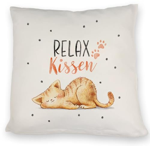 Relaxte Katze Kissen mit Spruch Relax Kissen EIN buntes DekoKissen für die Couch Katzenmotiv süß Katzenliebhaber EntspannungsKissen Frauen süßes KatzenKissen zum Ausruhen Rente