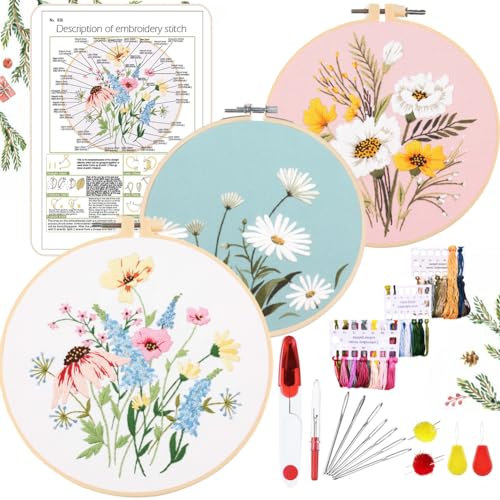 YINVA Stickerei Set Anfänger, Blumenmuster Pflanzen Kreuzstich-Kit Starter Tools Kit mit 2 Stück Kunststoff-Stickrahmen, Farbfäden und Werkzeuge, für DIY Kunst, Handwerk, Sticken (Rosa)