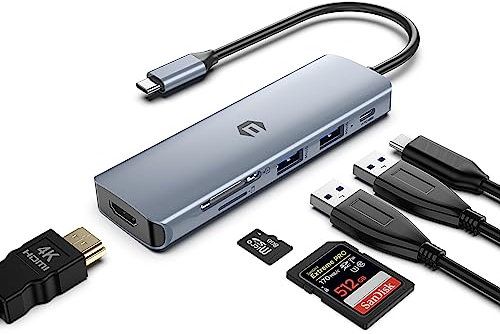 Tymyp USB C Hub, 6 in 1 Multiport Adapter, 4K HDMI, 100W PD, 3 x USB 3.0, SD/TF Card Reader for Laptops and Smartphones, Compatible for USB C Laptops Dell/HP/Surface and More
