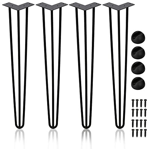 Ansobea Lot de 4 pieds de table en épingle à cheveux - En métal noir - Avec pieds à 3 barres - Pour bureau, table et table basse - Avec protection de sol et vis - 40 cm, FJTZF-100913