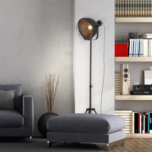 Lightbox Vintage Stehlampe - 167 cm, Ø 39 cm - industrielle Stehleuchte mit Gitter Abdeckung & schwenkbaren Köpfen & Schalter - höhenverstellbar - E27, max. 60 W - aus Metall - in Schwarz