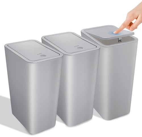Kssvzz 3 Pack Small Bathroom Bin with Lid, 10L Plastic Touch Top Bedroom Bin, Slim Toilet Bin Anti-Odour, Square Waste Bin for Kitchen/Office, Fits Under Sink/Desk/Cabinet (Grey)