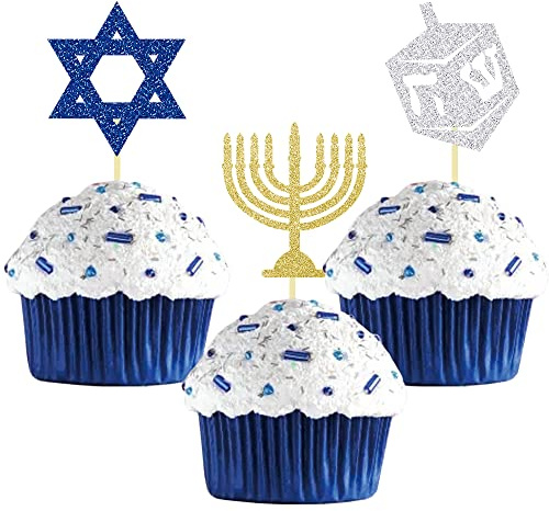 24 Stück Glitzer Chanukka Cupcake Toppers, Hanukkah Kuchendeko, Leuchter Hexagramm Cupcake Toppers für Chanukka Party Deko, Jüdisches, Judentum Party Deko (Mix)