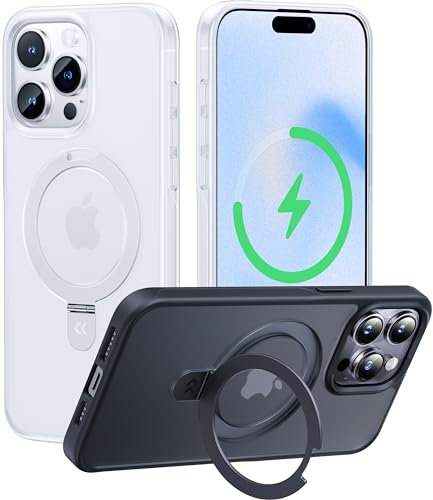 CASEKOO 2025 Neu Magic Stand für iPhone 15 Pro Max Hülle für MagSafe [Militärschutz] [Unsichtbarer Ständer] Stoßfeste Kratzfeste Schutzhülle Dünne Griffige Handyhülle Matte Case - White Clear