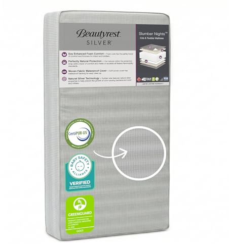 Beautyrest Silver Slumber Nights Dual Sided 2-Stage Crib Mattress and Toddler Mattress - GREENGUARD Gold – Waterproof - Plant Based Soy Foam Core, Grey