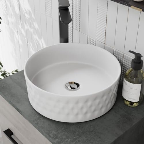 BAYSTONE® Countertop Basin for Bathroom and Cloakroom Hand Wash Basins Sink Modern White Gloss Round, 360 x 360mm