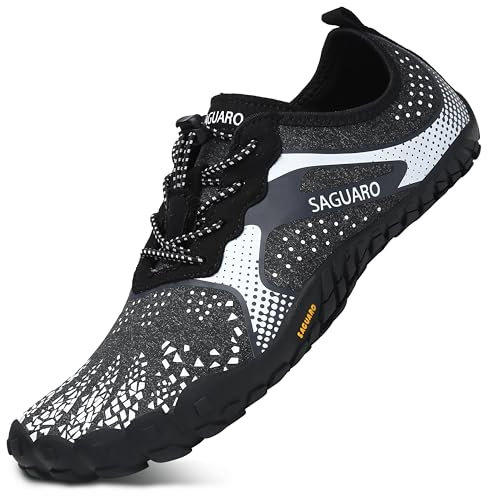 SAGUARO Barfuss Schuhe Damen Barfußschuhe Herren Zehenschuhe rutschfest Atmungsaktive Barefoot Shoes Indoor & Outdoor Barfussschuhe mit Breiter Zehenbox & Zero Drop Solhe, Neu Schwarz und Weiß, 43 EU