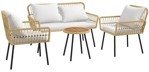 Outsunny Salon de Jardin extérieur 4 pièces mobilier de Jardin canapé 2 Places 2 fauteuils avec 7 Coussins 1 Table Basse Ronde, résine tressée