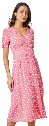 Roman Originals Swing Tea Dress Women UK Ladies Skater Midi A Line Fit & Flare Summer Casual Smart Cocktail Party Going Out Work Cruise Button Through Long Pocket - Pink - Size 20