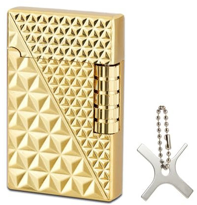 Design Metall Feuerzeug Vintage | Farbe: Gold Waffelmuster | Reibrad | Stand Flamme | Set mit Flammen Justier Werkzeug | Geschenk Box