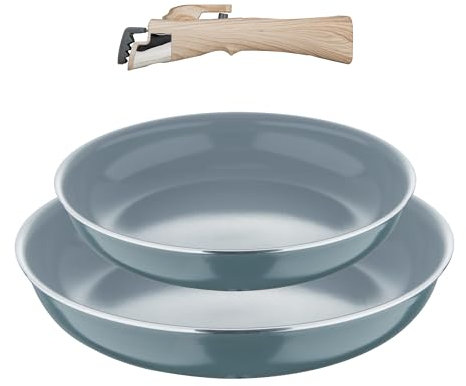 Bergner| Set de 2 Sartenes (22+26 cm) con Mango Desmontable | Aluminio Prensado | Interior Antiadherente Gris | Cocina, Hornea y Apila Fácilmente | Inducción Compatible