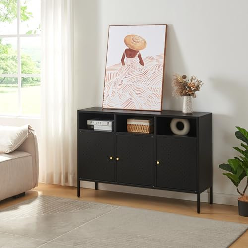 [en.casa] Buffet Métallique Armoire Basse Style Industriel Meuble de Rangement avec 3 Portes Commode Meuble TV pour Salon Chambre Bureau Acier 119 x 35 x 80 cm Noir