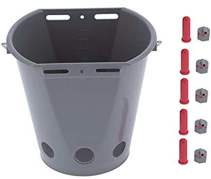 Qukaim Futtereimer, 8 l, Futtereimer, Bauernhof, Vieh, lebensmittelechtes Kunststofffass mit 5 Nippeln für Kalb, Grau