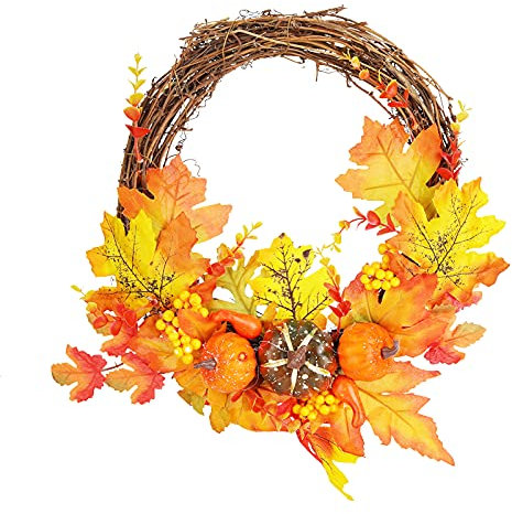 Ghirlande Autunnali per Porta D'ingresso, Ghirlanda in Rattan da 13,4 Pollici con Foglia D'acero di Zucca, Ghirlanda del Raccolto per L'autunno e il Ringraziamento, Decorazioni della Ghirlanda Autunna