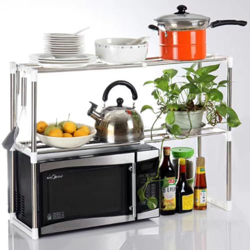 BAKAJI Mensola Salvaspazio Porta Microonde in Acciaio Estensibile, Scaffale da Cucina Allungabile con Ripiano Portaspezie, Mobile Estendibile con Ganci e Piedini Antiscivolo, Design Moderno