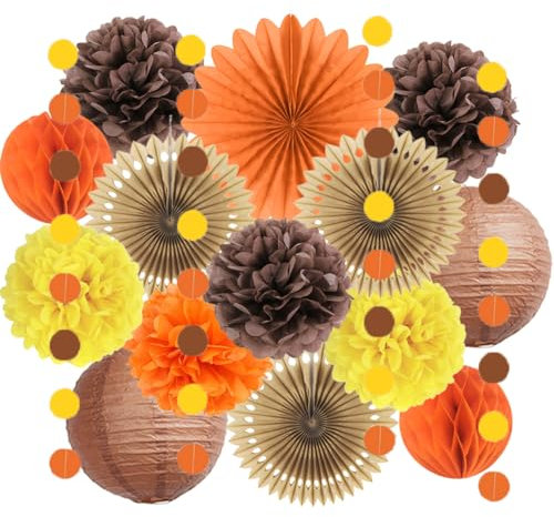 Orange and Brown Party Decorations Autumn Decorations Lanterns Paper Fans Yellow and Orange Decorations Pom Poms Fall Party Decorations for Autumn Brown Baby Shower Birthday Orange Wedding Decorations