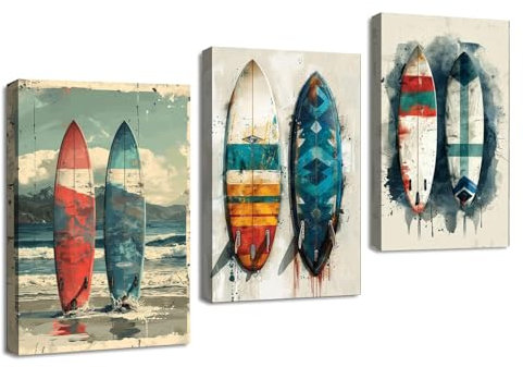 TZKRWRH Bild Leinwand, Surfbrett Seaside Waves Kunstdrucke Wohnzimmer Wanddekoration Deko XXL-60x80cmx3 Gerahmt (Rot, Blau 44)