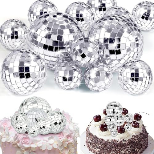 Disco Ball Cake Decorations, 12-Pack Reflective Disco Ball Cake Toppers Cupcake Toppers, Silver Disco Balls, 70s Disco Themed Party Supplies for Cake, Dessert, Disco Party