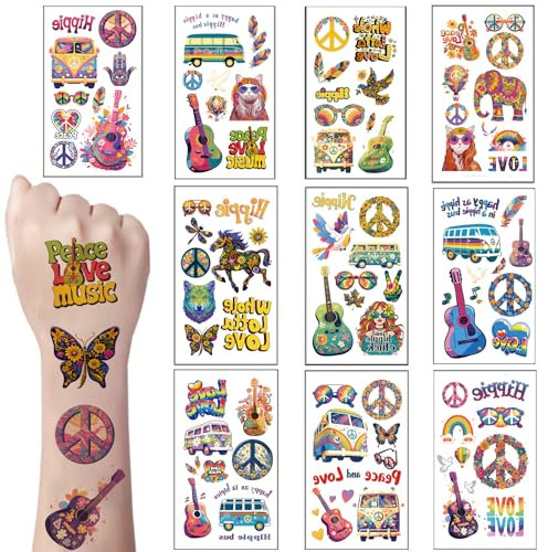 Qpout 10 Blatt Hippie Temporäre Tattoo Ticker Groovy 70er Jahre 80er 90er Jahre für Mädchen und Jungen, Wasserdichte Liebe und Peace Zeichen Gesicht Aufkleber Hippie Thema Party Zubehör