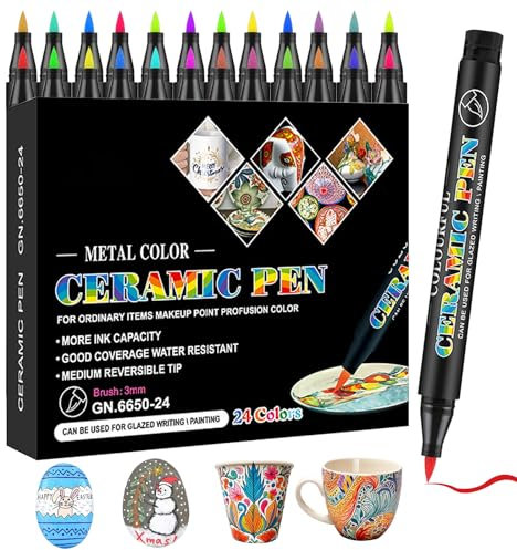BOUFEIDA Juego de pintura de cerámica de 24 colores, pintura de porcelana apta para lavavajillas, secado rápido, marcador acrílico resistente al agua para tazas de cerámica y vidrio patrones y