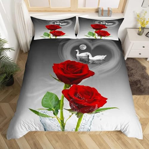 Loussiesd Rot Rose Swans Paar Bettwäsche Set 155x220cm Romantisch Rose Floral Bettbezug Set für Männer Frauen Lover Valentinstag Betten Set