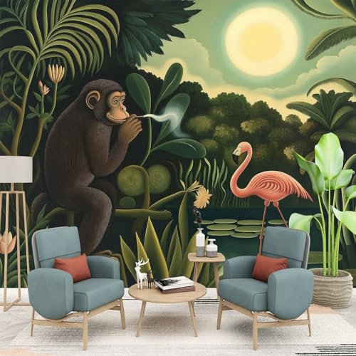 Papier Peint Panoramique Animal de la jungle Singe Flamant rose, 150 x 105 cm Papier Peint Intissé Personnalisé Photo Murale pour Salon Chambre d'enfants restaurant Appartement Décoration Murale