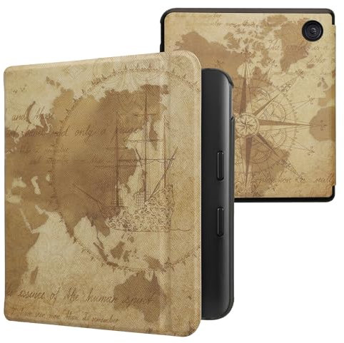 kwmobile Custodia eReader Compatibile con Kobo Libra Colour Cover - eBook Reader Flip Case - marrone/marrone chiaro - Mappamondo vintage