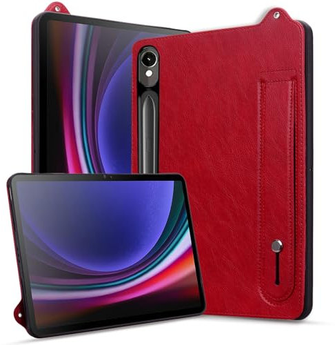Rosbtib Custodia per Samsung Galaxy Tab S9 FE 10.9 2023/S9/S8/S7 11, antiurto con supporto Slim Edition Tablet Cover in similpelle per Galaxy Tab S9 FE/S9/S8/S7 (Cinturino a mano), Rosso