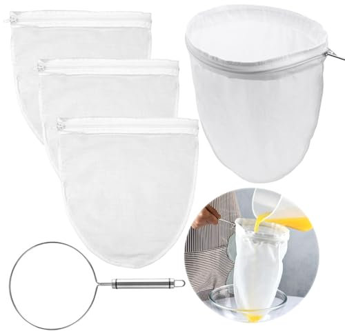 Nussmilchbeutel Bio Waschbar, 4 Passiertuch Wiederverwendbar, 1 Halter, Nussmilchbeutel Siebbeutel, Obstpresse Filtertuch, Baumwolle Filterbeutel für Saft Milch Kaffee Nussmilch Gemüsesäften