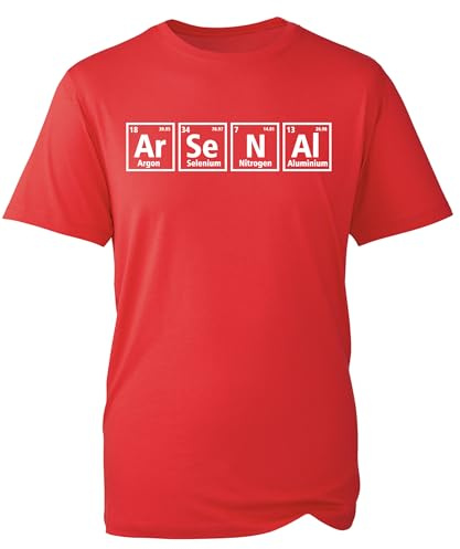 Maglietta da calcio dell'Arsenal Periodic Table | Divertente maglietta da calcio ispirata alla scienza per i tifosi, Rosso, L