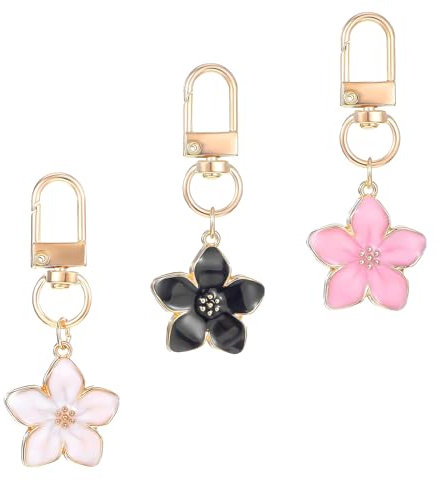 Nogeqi Lot de 3 porte-clés fleurs esthétiques - Porte-clés fleur mignonne - Petite fleur - Sac pour femme - Pour sac à breloques - Décoration (rose, blanc), noir, blanc et rose