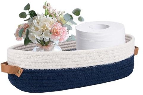 Hapforever 1 Pack Small Woven Storage Basket for Toilet Tank Top, Bathroom Countertop Organizer Cotton Rope Toilet Paper Storage Decorative Basket 13”x6”x4” (Navy/White)